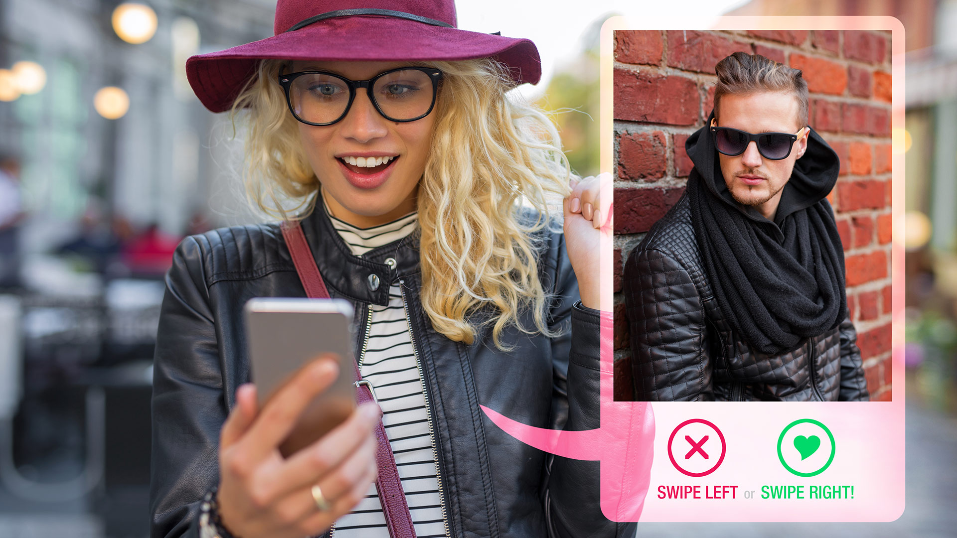 Blonde woman in purple hat and black glasses looking at her phone screen which has the profile of a blonde man wearing black.