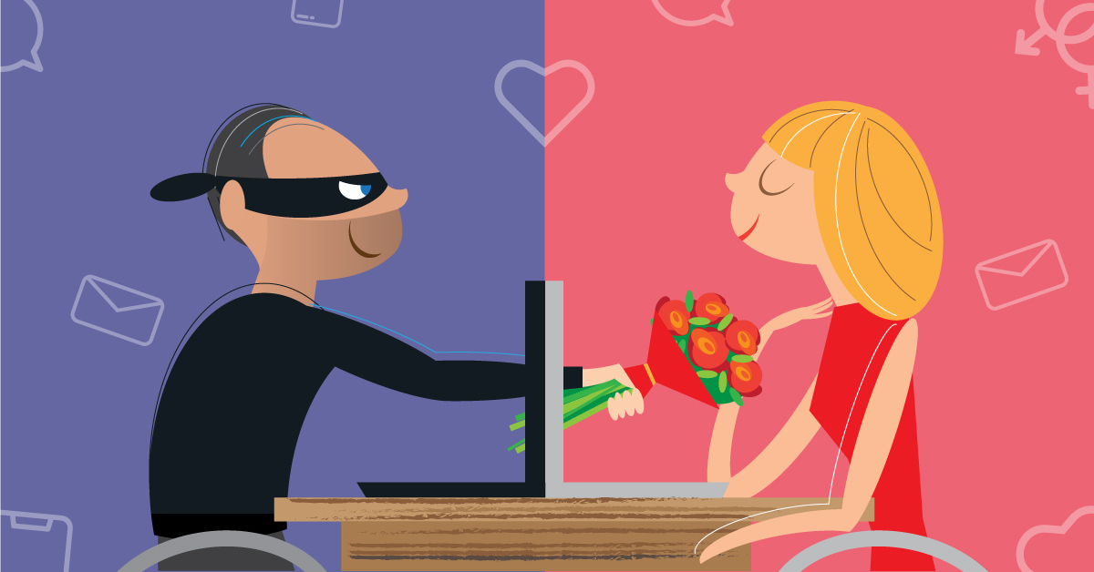 Animation of a  thief offering flowers via online dating to a blonde woman wearing a red dress, trying to scam her