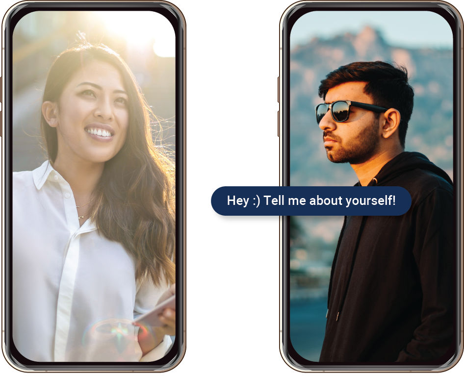 Woman and man on mobile screens with text bubble in front of them 'tell me more about yourself.