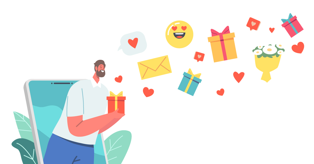 Cartoon of a man standing in front of his mobile phone sending various gifts, emojis, chat bubbles, flowers and love letters
