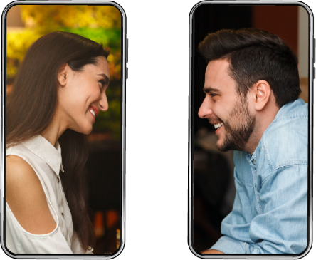 Two mobile phone screens with a woman in the left screen and a man in the right screen smiling to each other