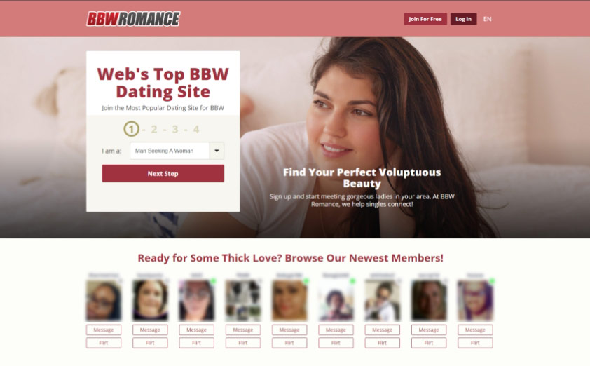 BBWRomance dating site homepage