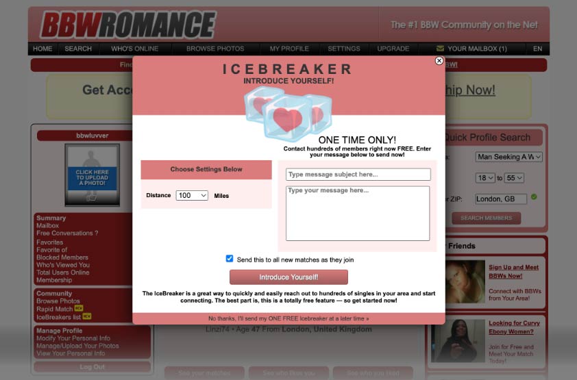 BBWRomance dating site the icebreaker feature