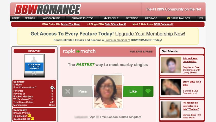 BBWRomance dating site rapid match feature