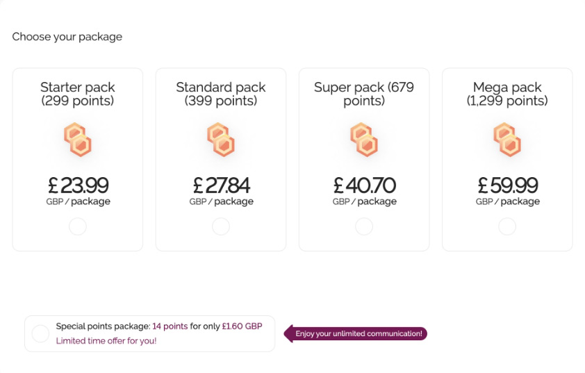 DateTheUK dating site offers prices and costs for point packages