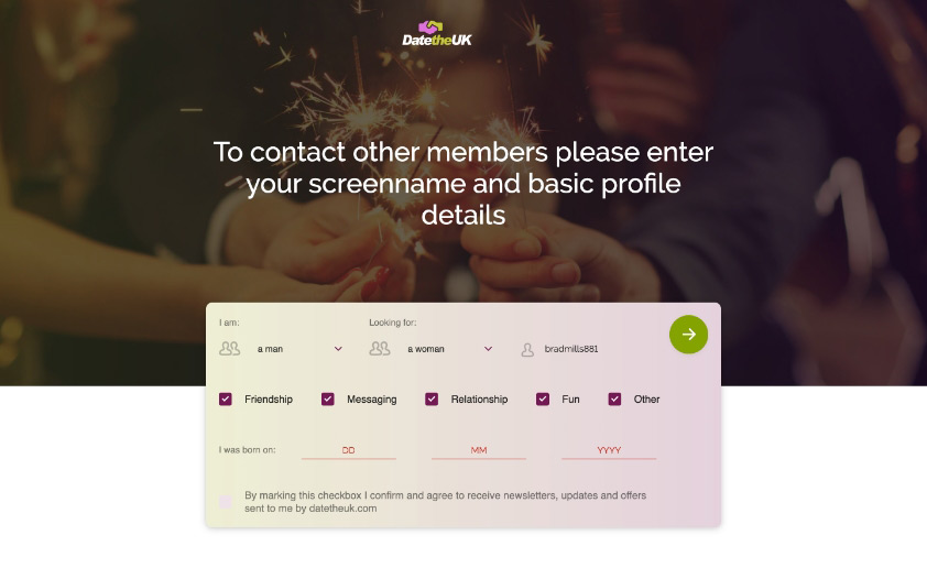DateTheUK login process of dating site registration form