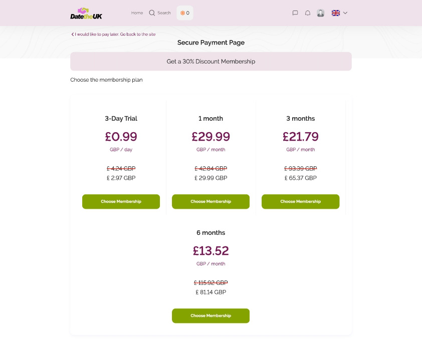 DateTheUK dating site offers prices and costs for memberships