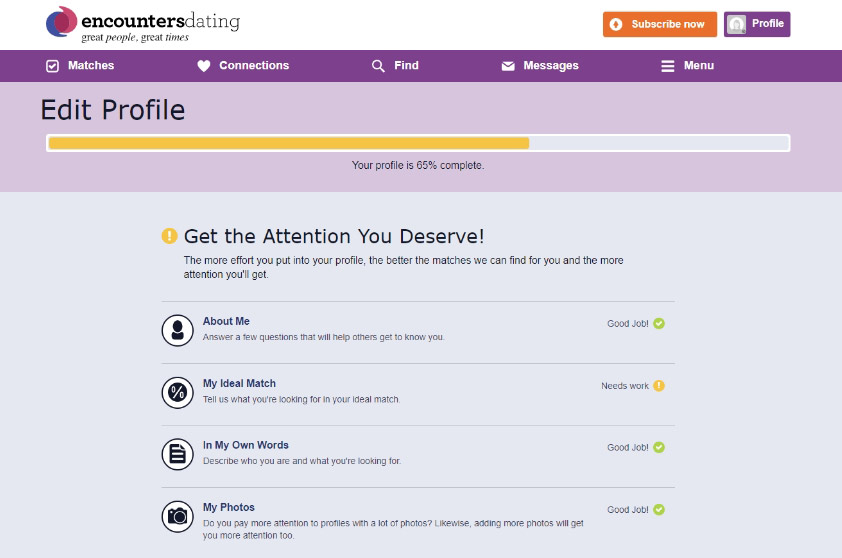 encounters dating website profile completion process