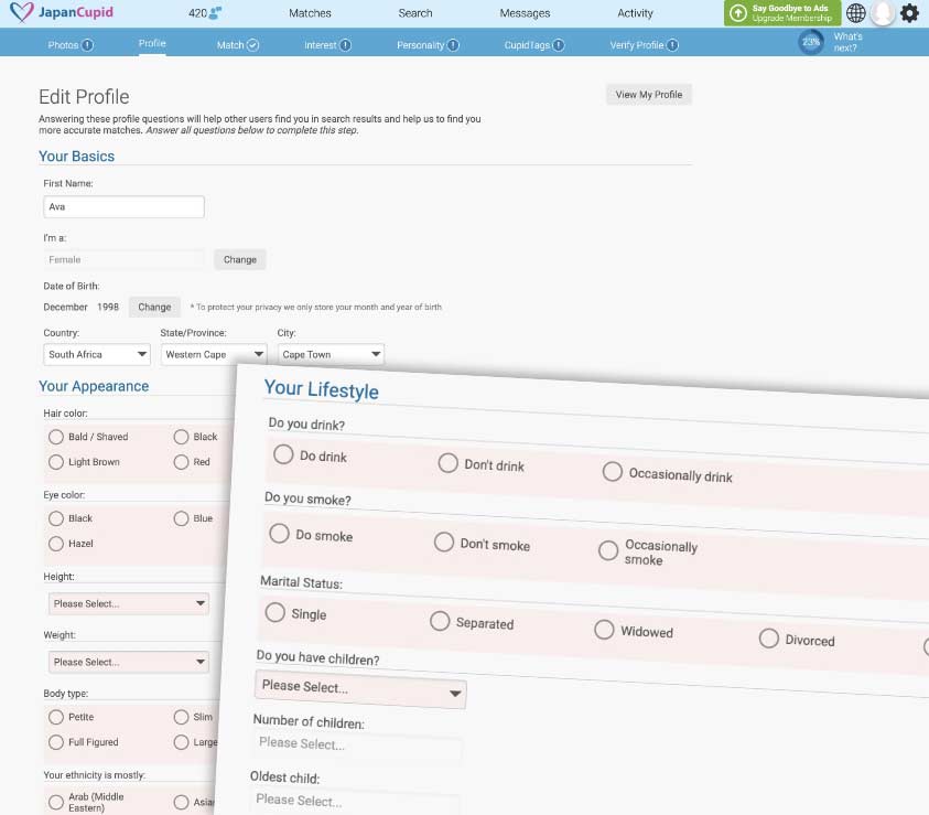 Japan Cupid dating site profile sections for completion