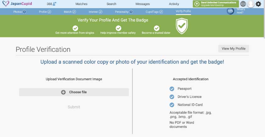 Japan Cupid dating site safety and security profile verification badge