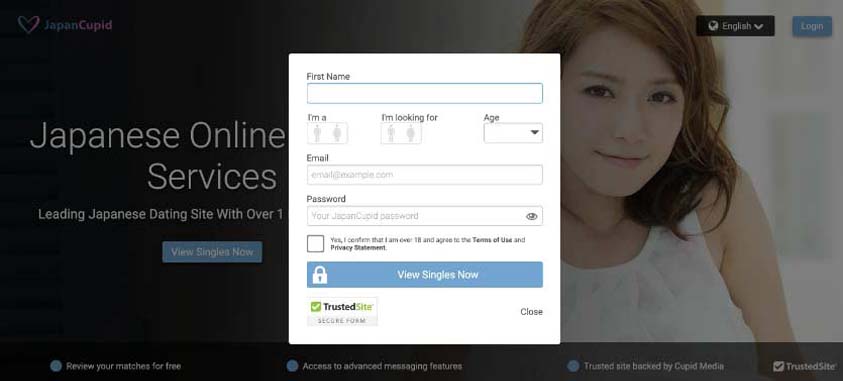 Japan Cupid login process and sign up form for dating site