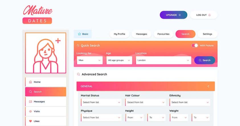 mature dates dating site advanced search filters feature