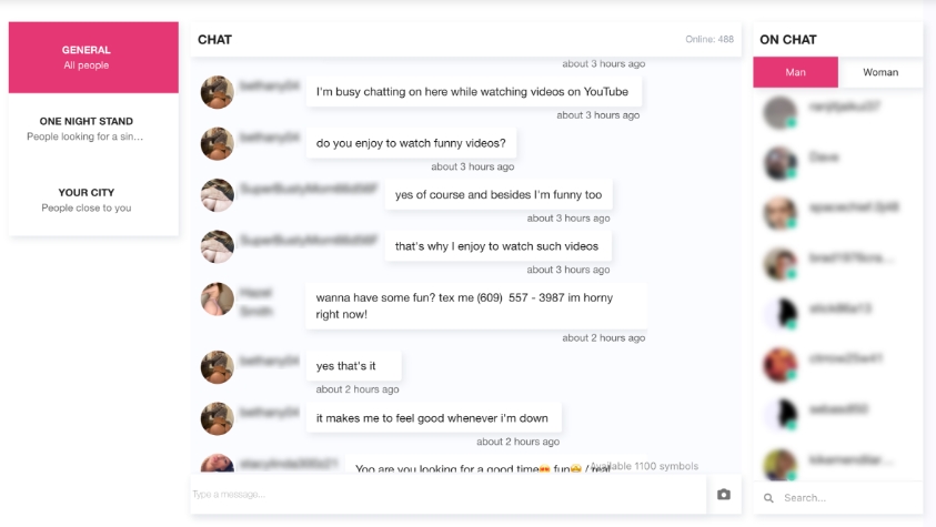 OneNightPartners.com screenshot of the live chat room area