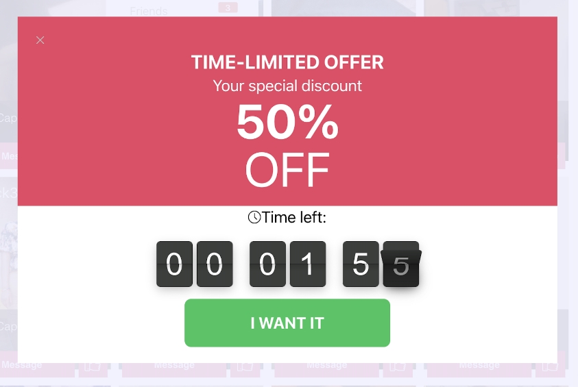 OneNightPartners.com screenshot of the time limited offer of 50% off