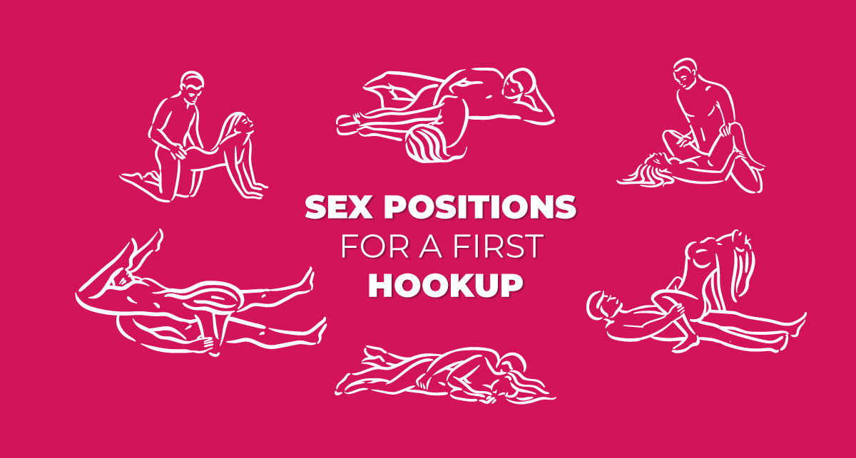 White outlines of naked bodies in different sex positions for a first hookup on a pink background.