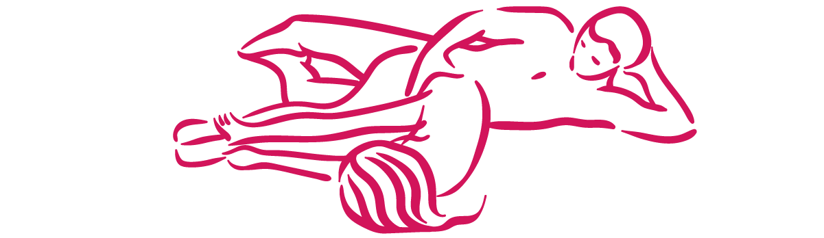 Pink outline of a naked couple depicting the Dirty Talking sex position.