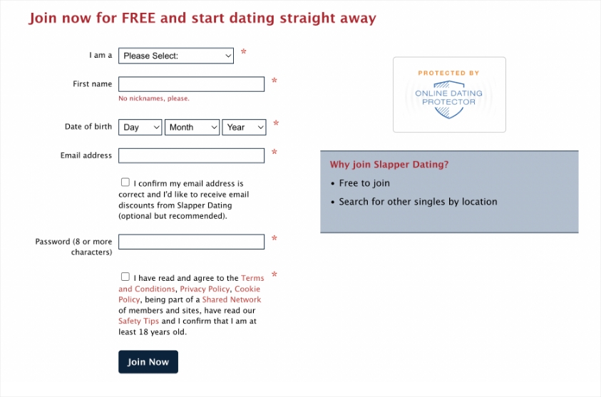 Slapper Dating registration form