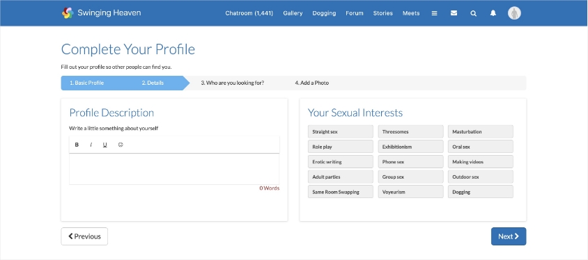 swinging heaven complete your profile form - step: details