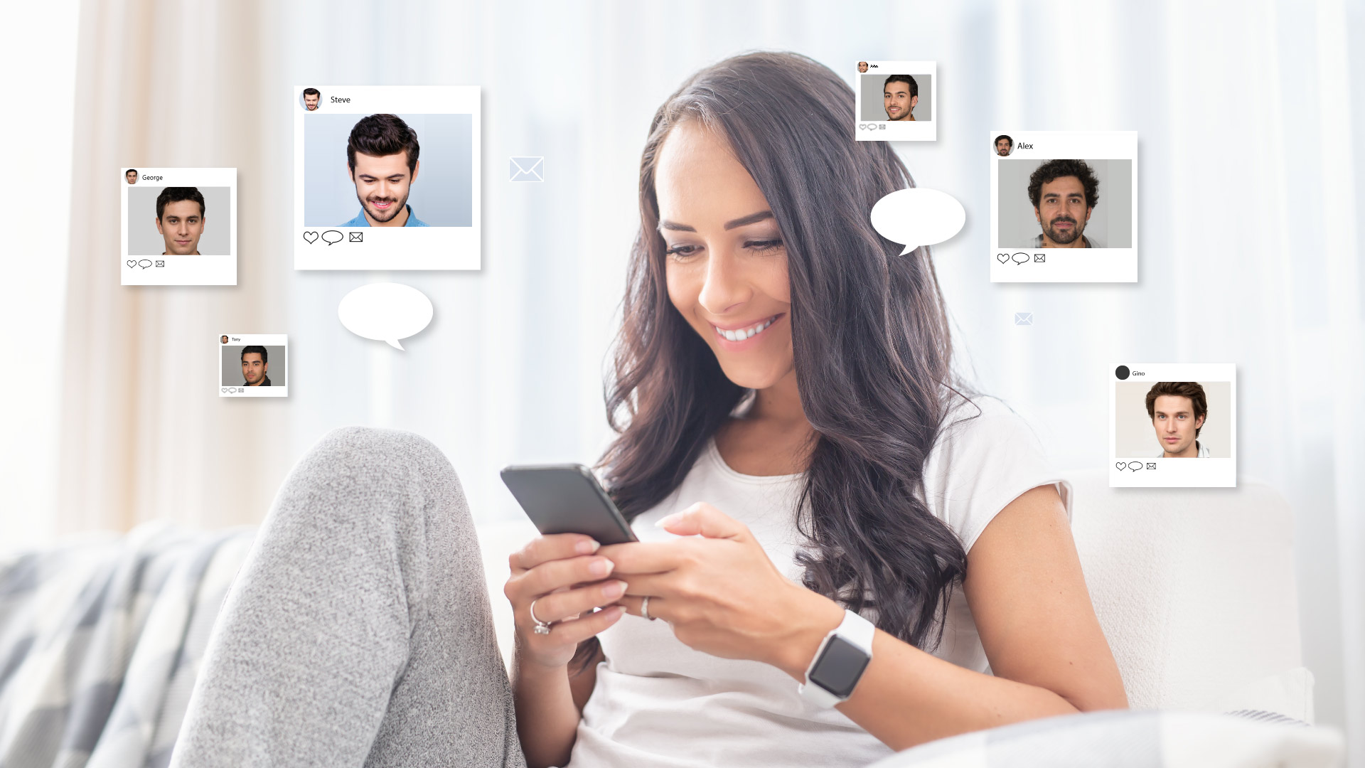 Brunette woman holding her phone while smiling while squares of different male dating profiles float around her.
