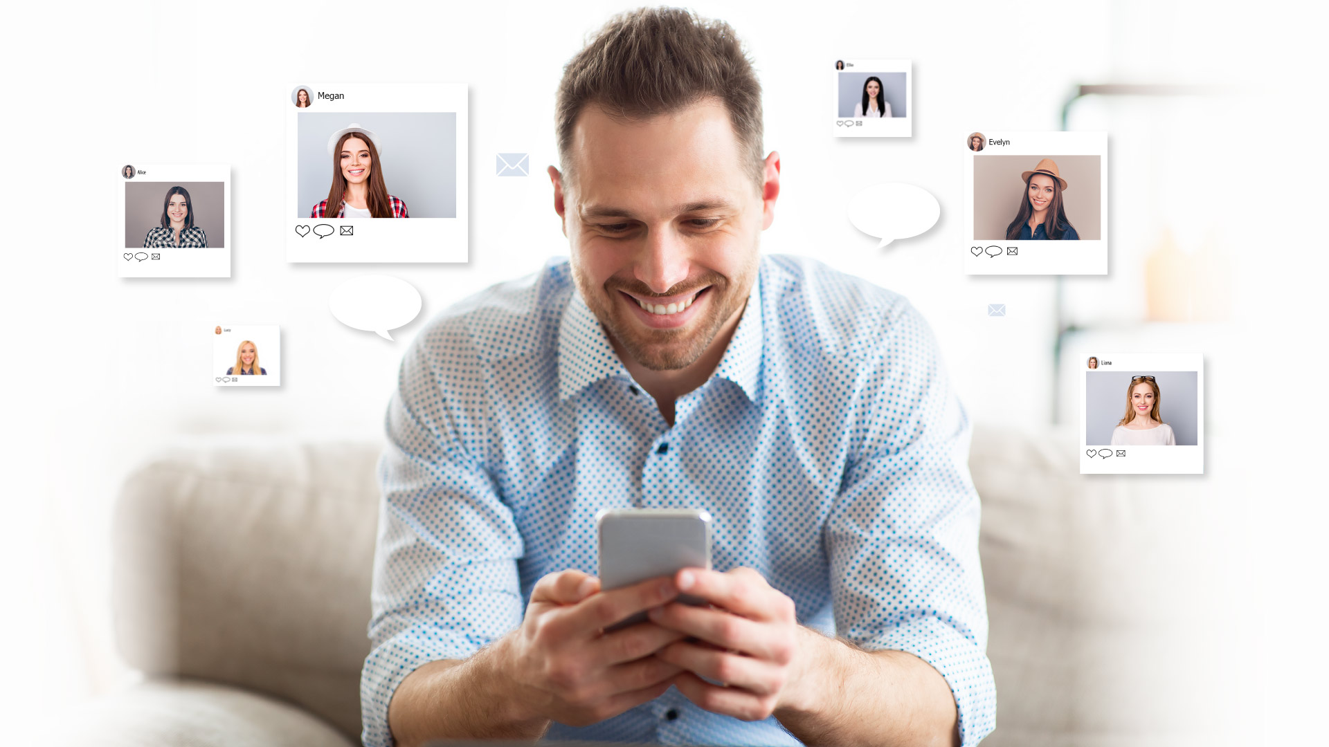 Spiky-haired man holding his phone while smiling while squares of different female dating profiles float around him.
