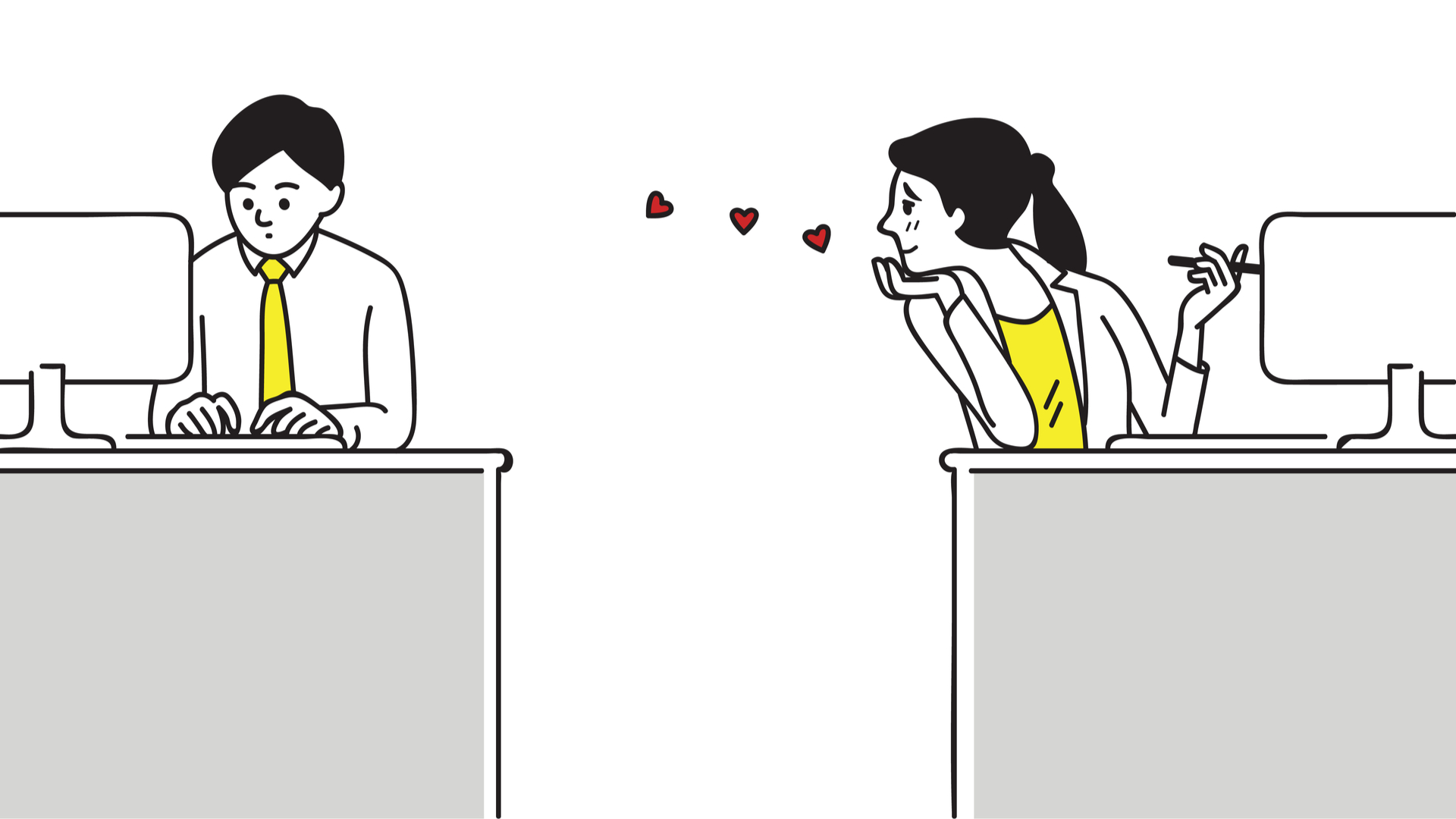 Man working on his desk with his PC in front of him with woman on the next desk looking at him with hearts floating his way.