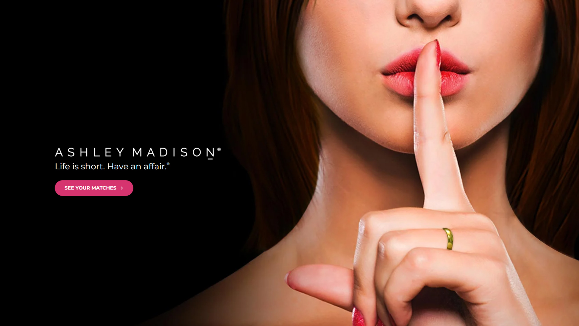 Home page of Ashley Madison dating site.