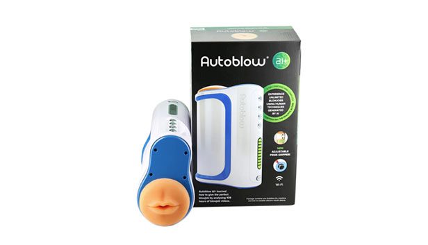 The Autoblow AI+, a blowjob machine is on a white background. The sex toy is in white and blue with human-like silicon lips.