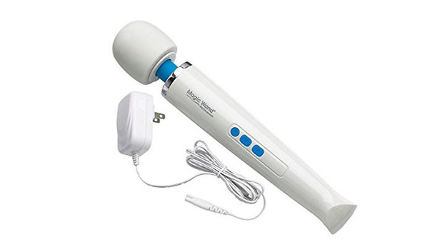 White and blue Hitachi Magic Wand vibrator sex toy against a white background.