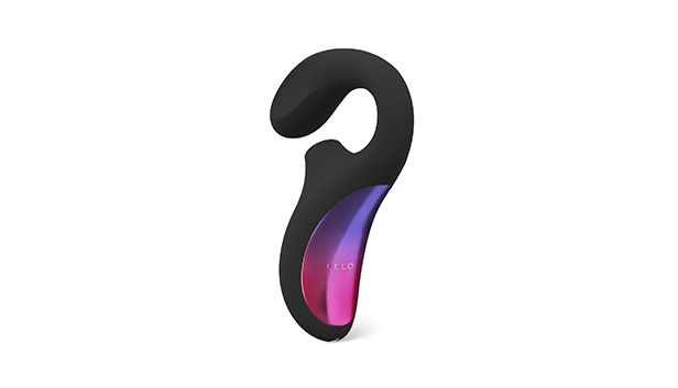 The G spot vibrator lelo enigma is set against a white background. The sex toy is black with purple and pink ombre.