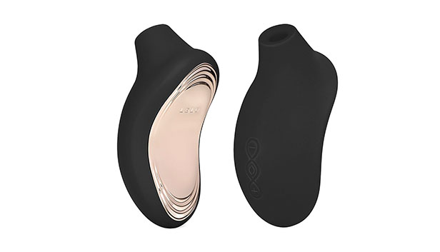 The clit sucking sex toy Lelo Sona. The toy is set on a white backdrop. The toy is black and rose gold in color.