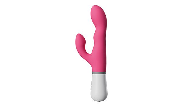 The rabbit vibrator Lovense Nora against a white background. The sex toy is pink in color. with a white handle