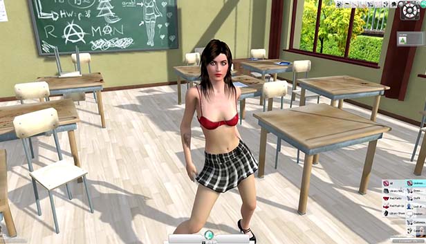 Female character from the game '3D Sex Villa' appears to be dancing in a classroom while wearing a red bra and a short skirt.