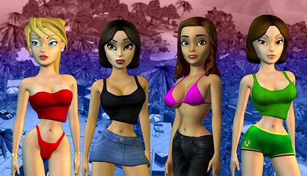 Four seductive girl characters of the adult porn game Bonetown. Dressed in sexy lingerie and bikini.