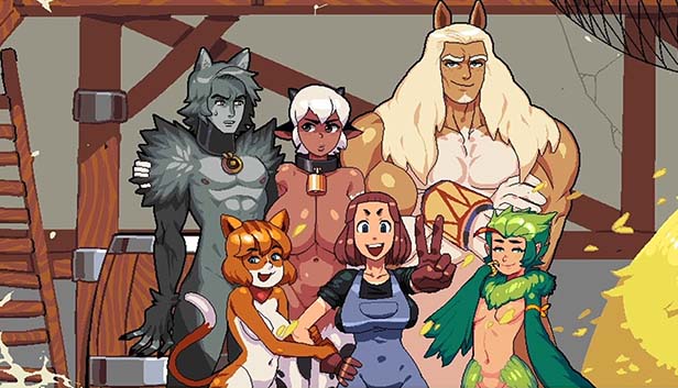 Six of the 'furry' avatars from the adult game Cloud Meadow pose for a photo. The characters are a mix of humans and animals.