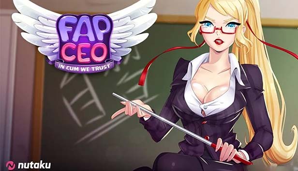 A hot teacher character with big boobs from the game 'Fap CEO'. In the top right corner, you can see the fap CEO logo.