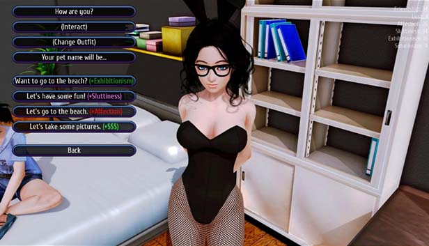 Sexy female character wearing black lingerie from the game 'Harem Hotel'. Text boxes can be seen in the image's left corner.