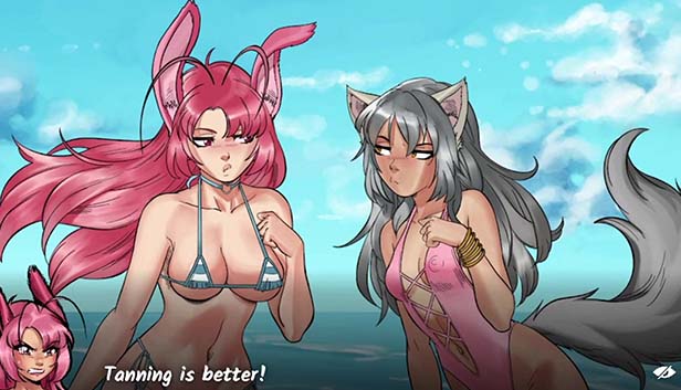 Hentai Heroes two furry characters wearing provocative swimsuits with the text 'Tanning is better at the bottom of the image.