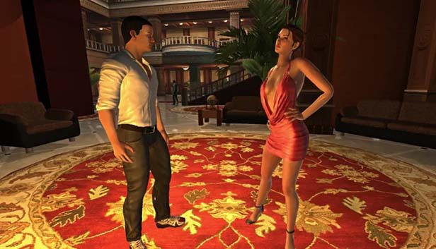 A man and a sexy woman in a low-cut red dress stand close to one another. Two characters from the game Red Light Center.