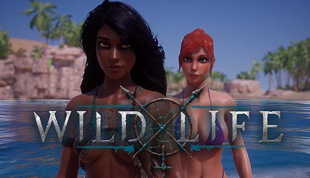 Two sexy female characters from the game 'wild life' in swimsuits. The wild life logo can be seen at the lower center.