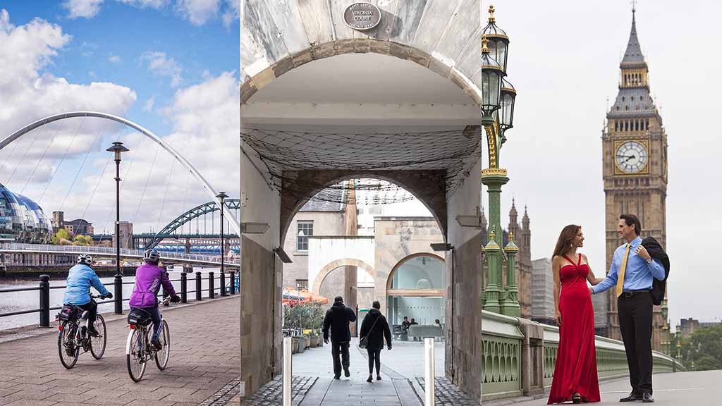 Three images in one showing Edinburgh, Glasgow and London. All images show couples interacting with one another