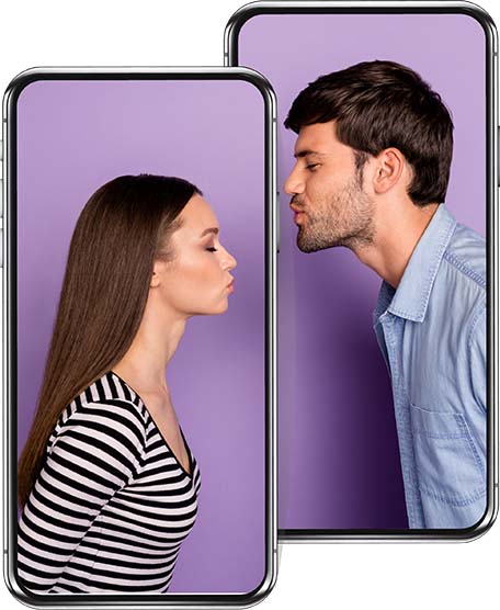 Two mobile phones next to each other, one with a lady and one with a man, pouting and trying to kiss one another.