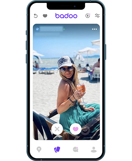 Phone screen showing Badoo app with different dating profiles in bubbles. You can see the name and age of each profile