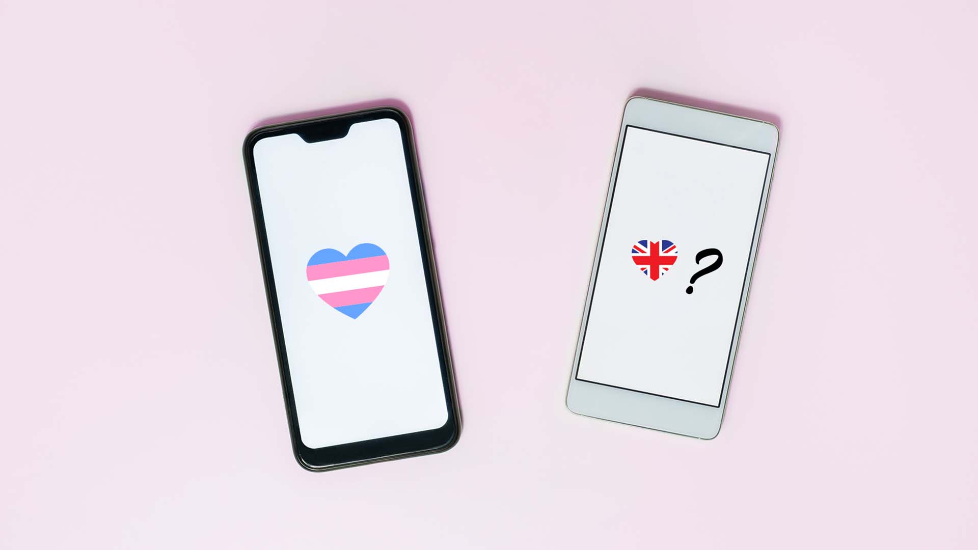 One phone features the transgender flag, love heart shape on its screen, and the other the UK flag next to a question mark.