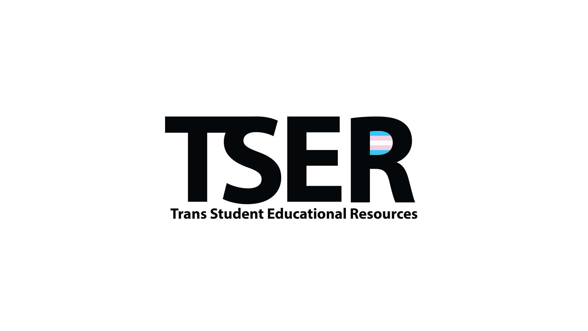 The logo of 'TSER', the trans student educational resources, with transgender flag within the letter 'R'. White background.