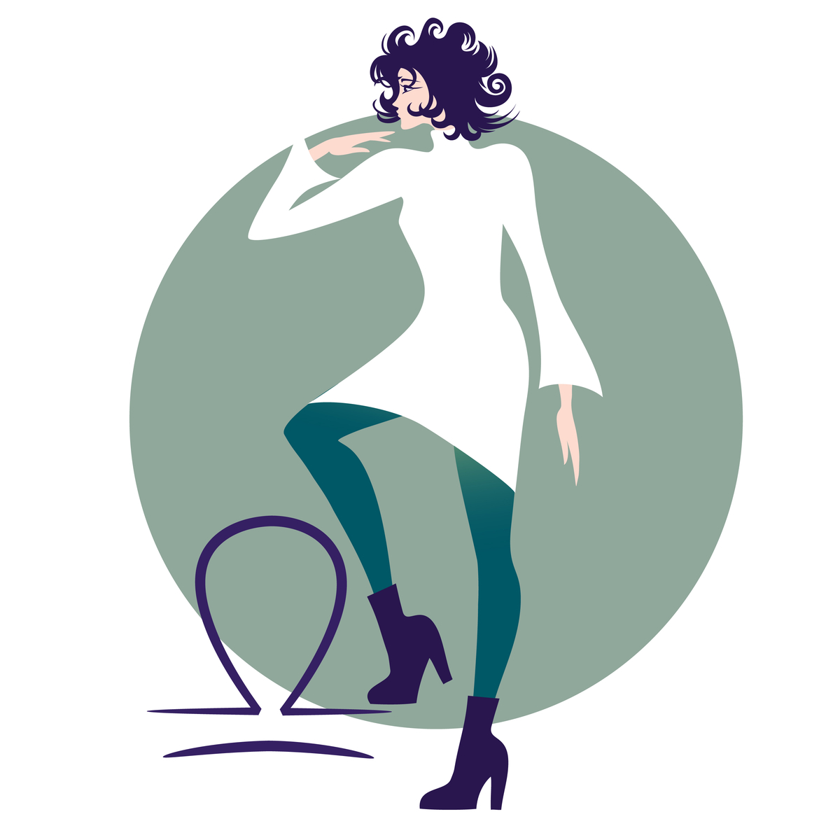 Woman with white dress and dark green stockings stepping on the Libra Zodiac Sign next to her.